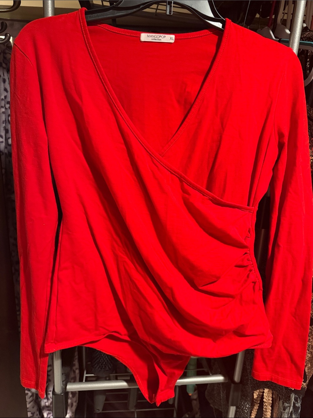 MANGOPOO Red Long-Sleeve Wrap Bodysuit